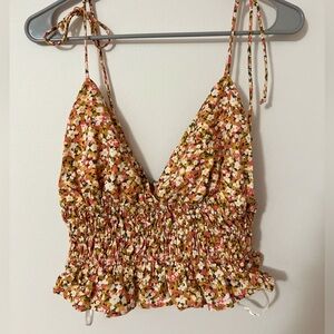 NWOT Sim & Sam Size Small Floral Smocked Crop Top Tie Shoulder Ruffle Trim